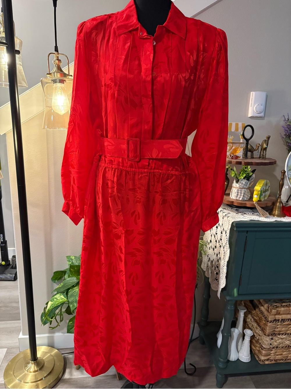 Vintage Lorenzo Red Silk Floral-Jacquard Dress